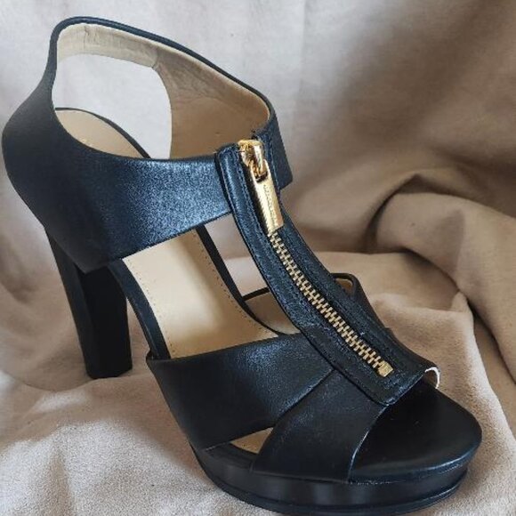 Michael Kors Black Leather T Strap Gold Zipper Platform Sandal Heels Sz 8M - Picture 1 of 13